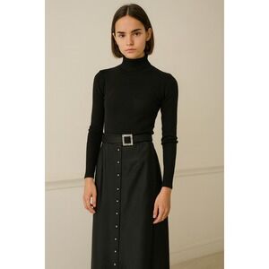 Vintage Full Length Button Front Black Maxi Skirt Wide Waistband Crystal Buckle‎